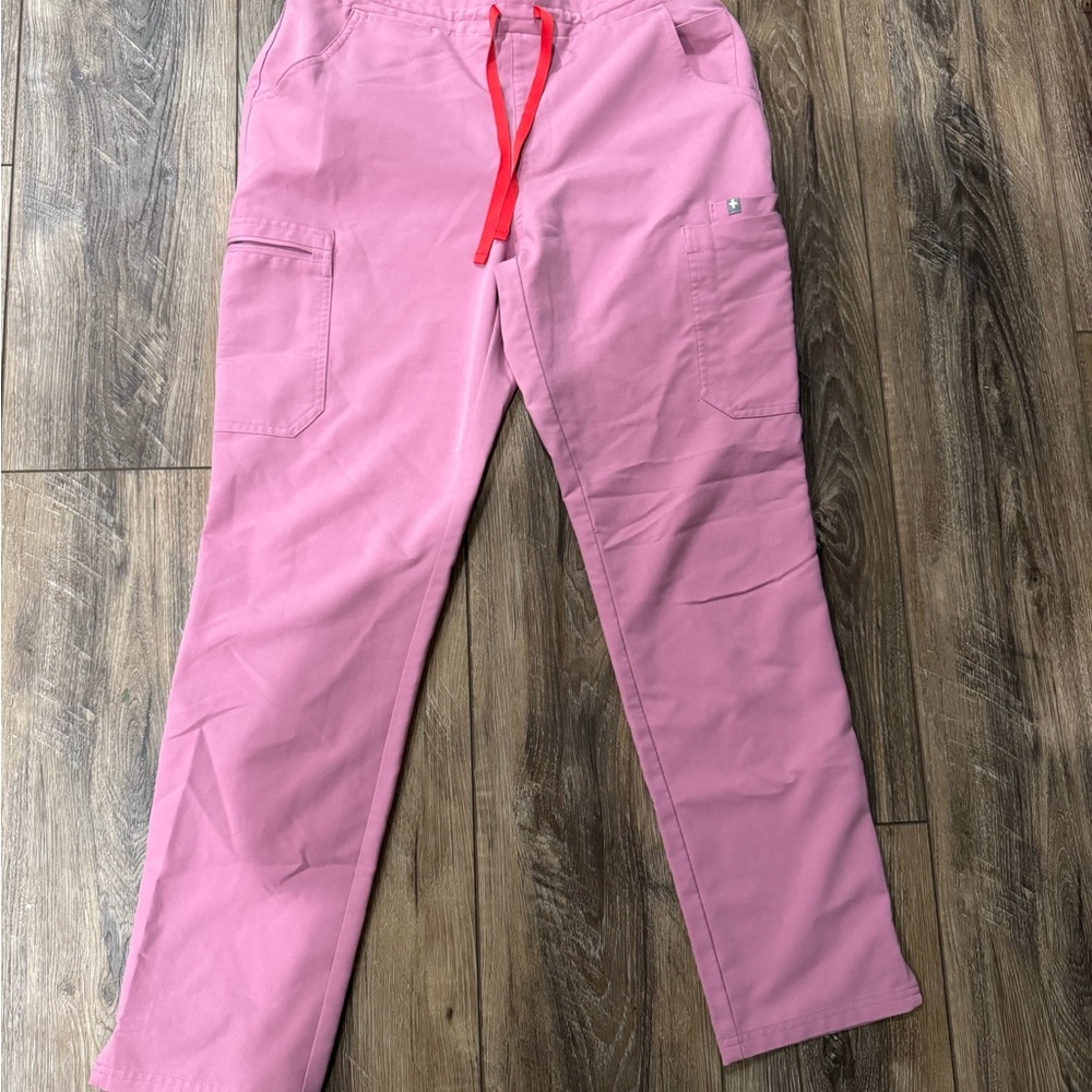 Figs Women's Pink Straight Leg Pants with Red Drawstring